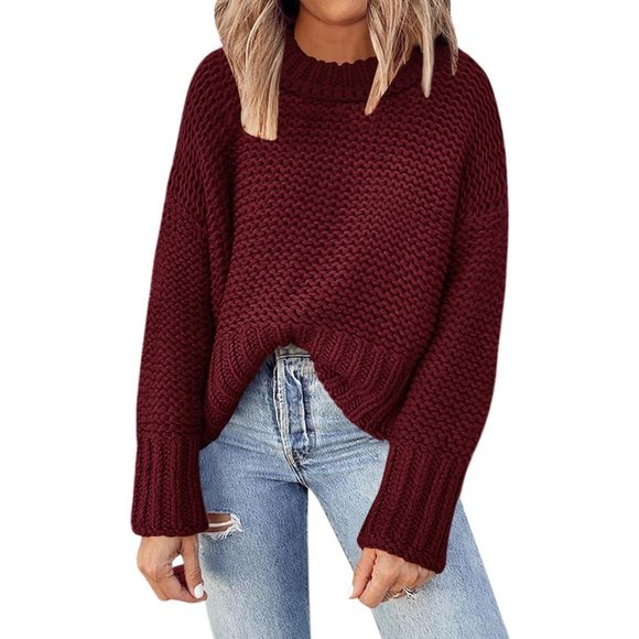 Women's Crewneck Chunky Knit Batwing Long Sleeve Loose  Pullover Sweaters Tops - Picture 1 of 6